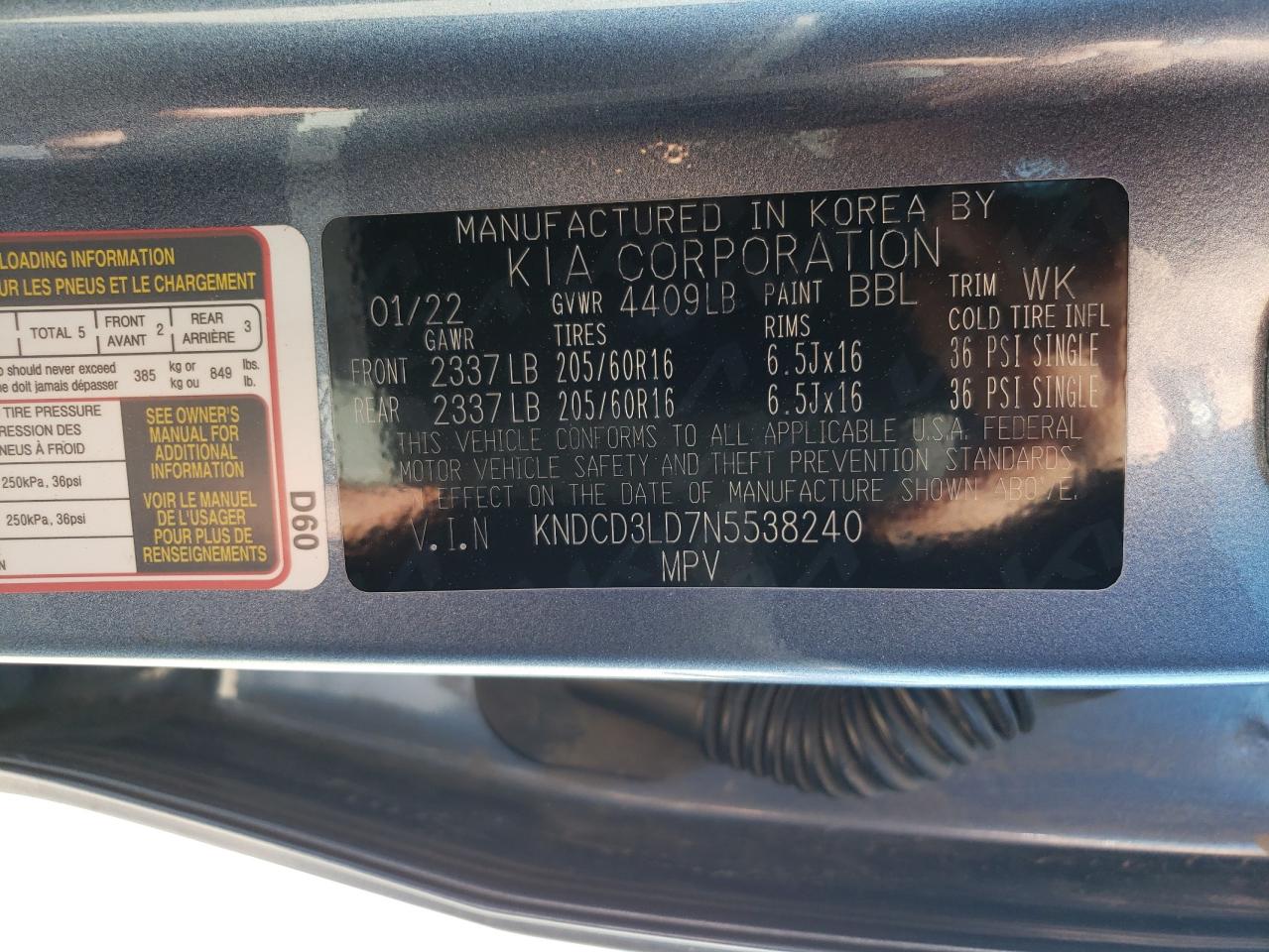 2022 KIA NIRO EX VIN:KNDCD3LD7N5538240