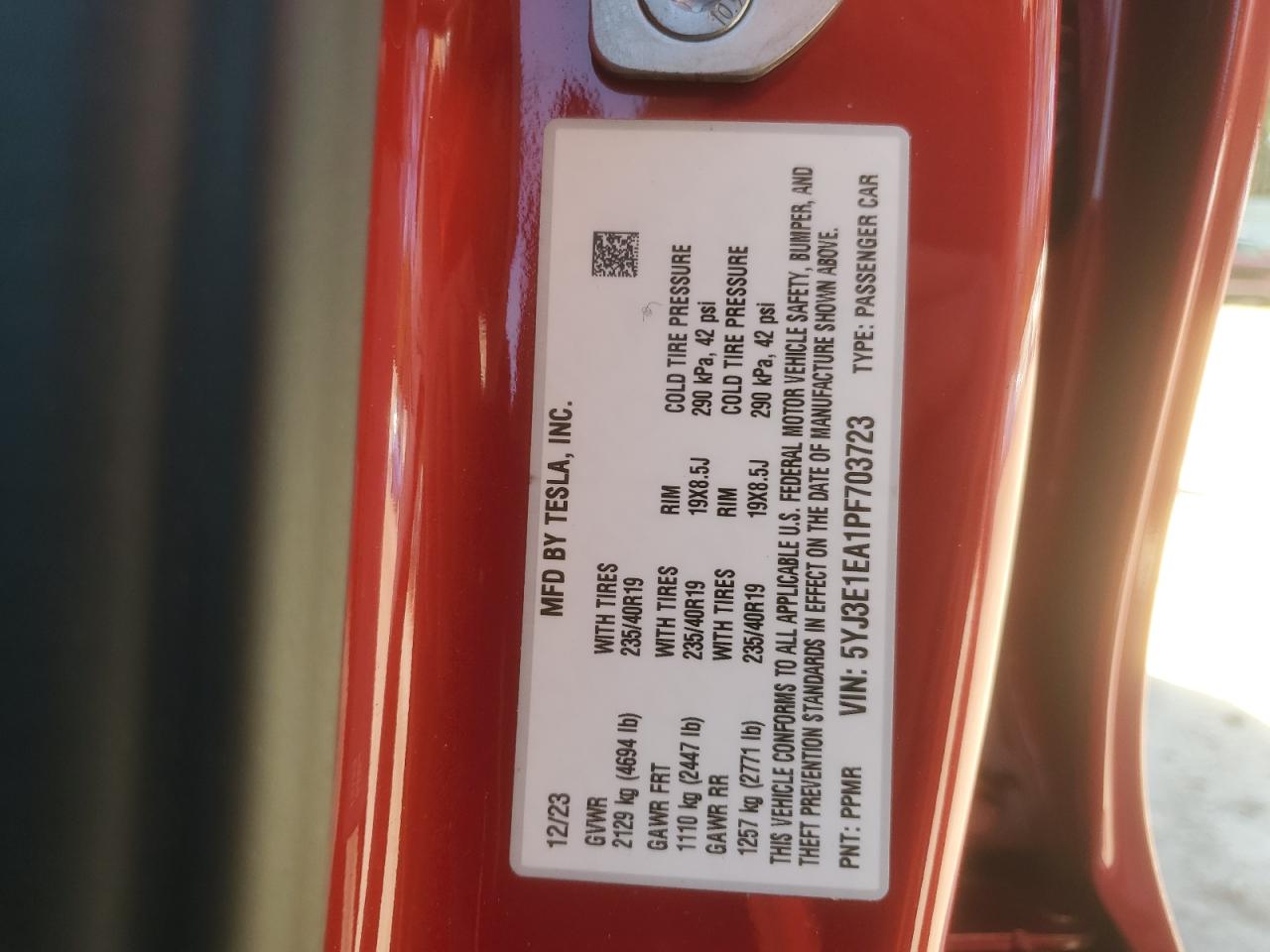 2023 TESLA MODEL 3 VIN:5YJ3E1EA1PF703723