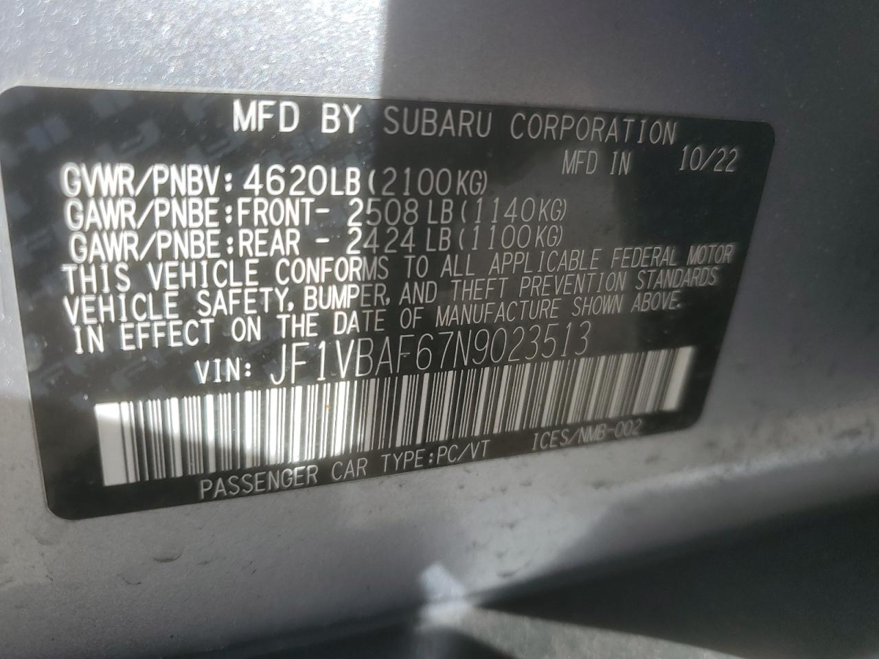 2022 SUBARU WRX PREMIUM VIN:JF1VBAF67N9023513