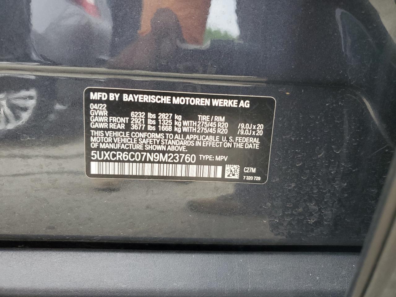 2022 BMW X5 XDRIVE40I VIN:5UXCR6C07N9M23760