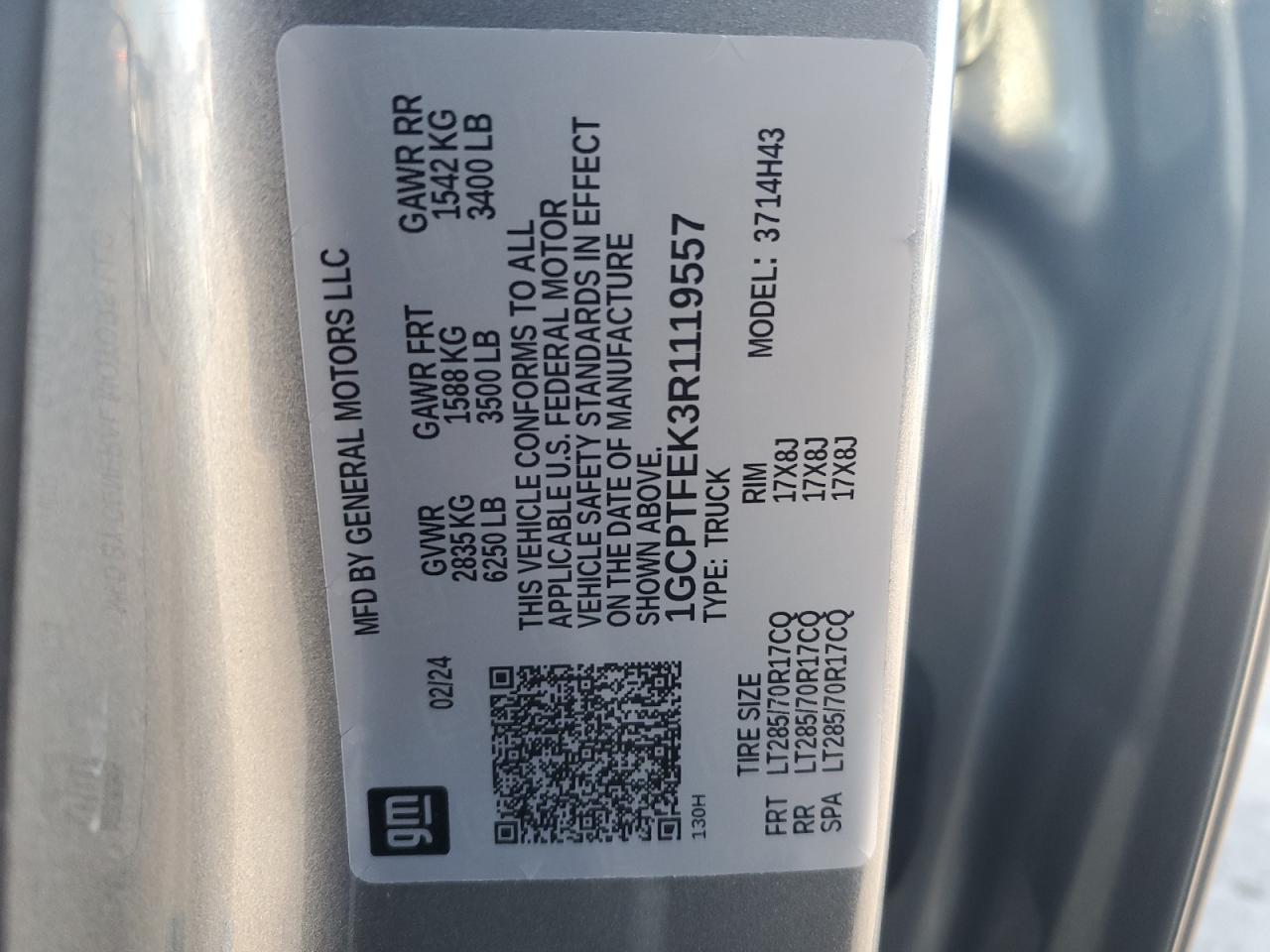 2024 CHEVROLET COLORADO ZR2 VIN:1GCPTFEK3R1119557