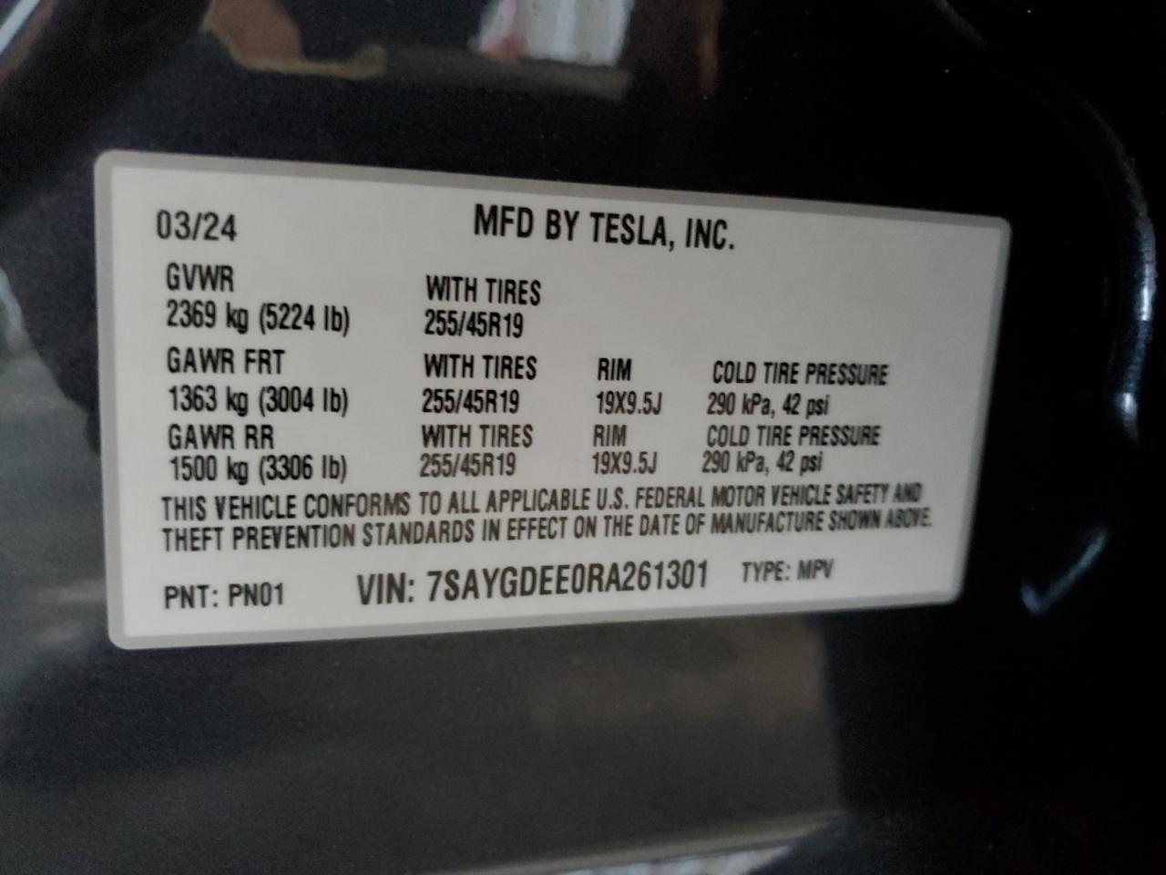 2024 TESLA MODEL Y VIN:7SAYGDEE0RA261301