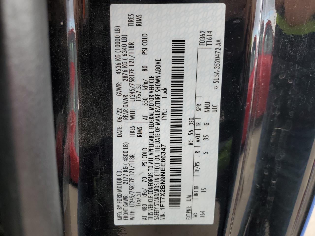 2022 FORD F250 SUPER DUTY VIN:1FT7X2BN9NEE86347