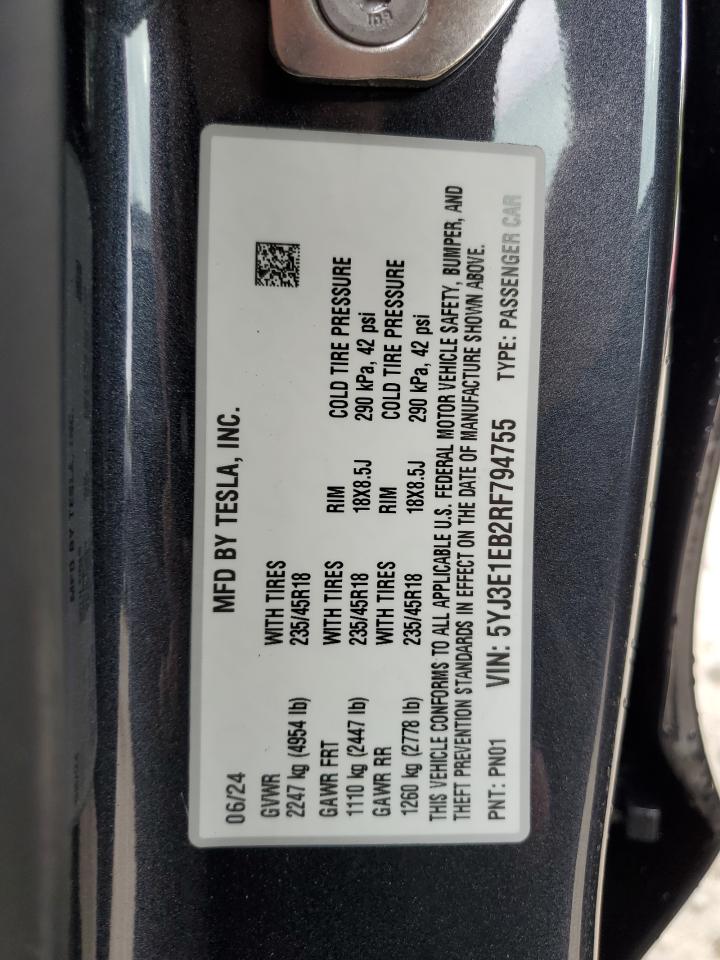 2024 TESLA MODEL 3 VIN:5YJ3E1EB2RF794755