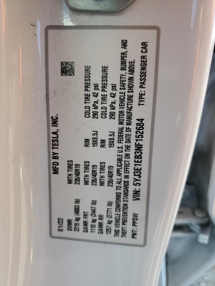 2022 TESLA MODEL 3 VIN:5YJ3E1EB3NF152684