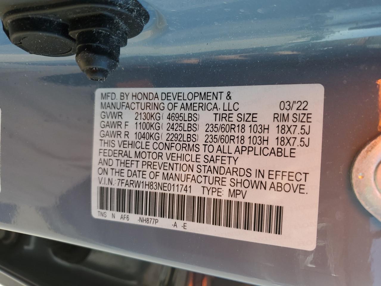 2022 HONDA CR-V EXL VIN:7FARW1H83NE011741