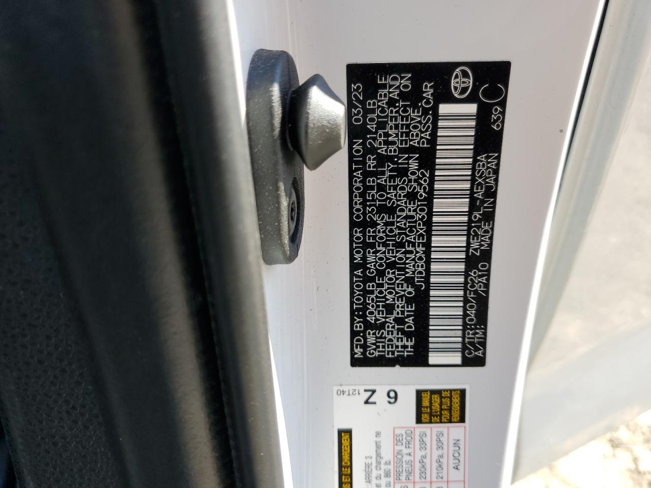 2023 TOYOTA COROLLA LE VIN:JTDBCMFEXP3019562