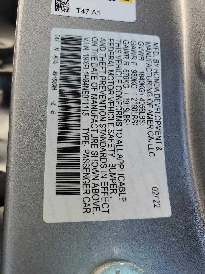 2022 HONDA CIVIC SPORT TOURING VIN:19XFL1H84NE011115