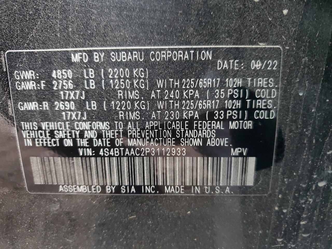 2023 SUBARU OUTBACK VIN:4S4BTAAC2P3112933