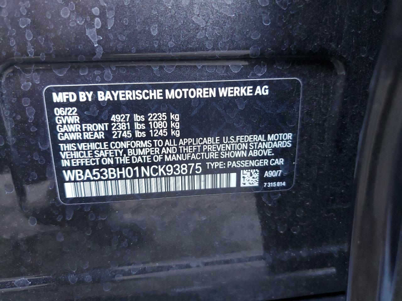 2022 BMW 530 I VIN:WBA53BH01NCK93875