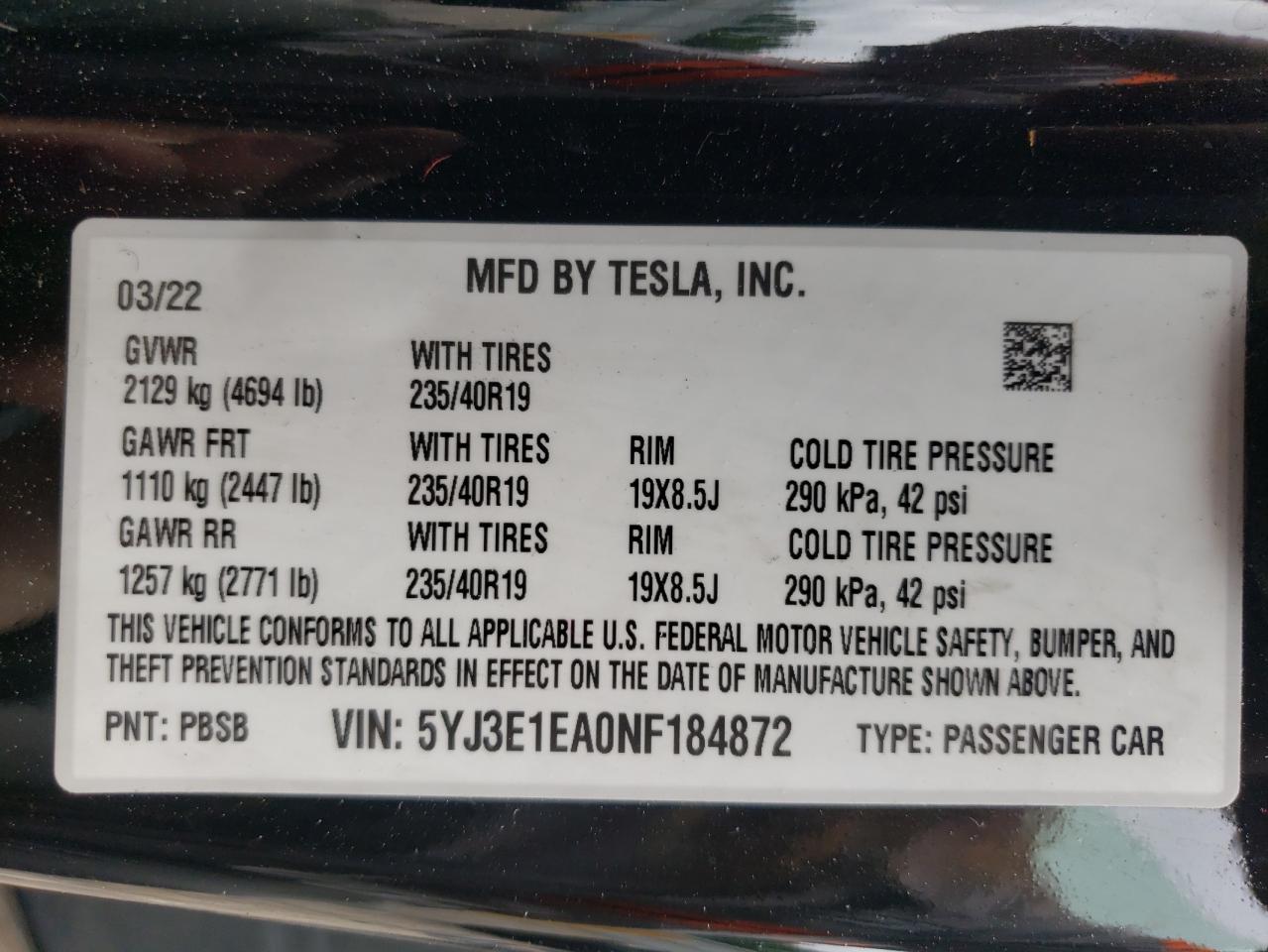 2022 TESLA MODEL 3 VIN:5YJ3E1EA0NF184872