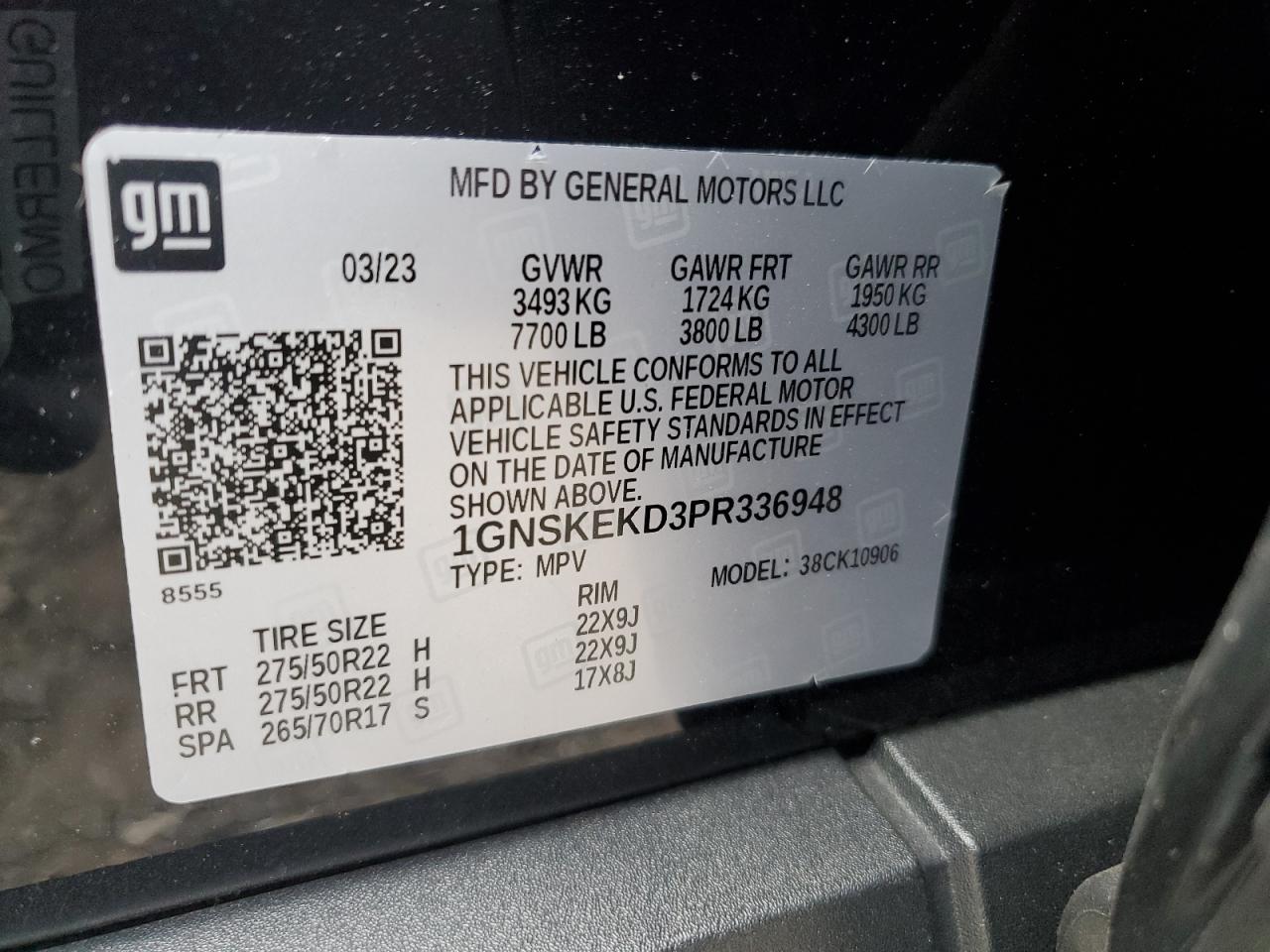 2023 CHEVROLET SUBURBAN K1500 RST VIN:1GNSKEKD3PR336948