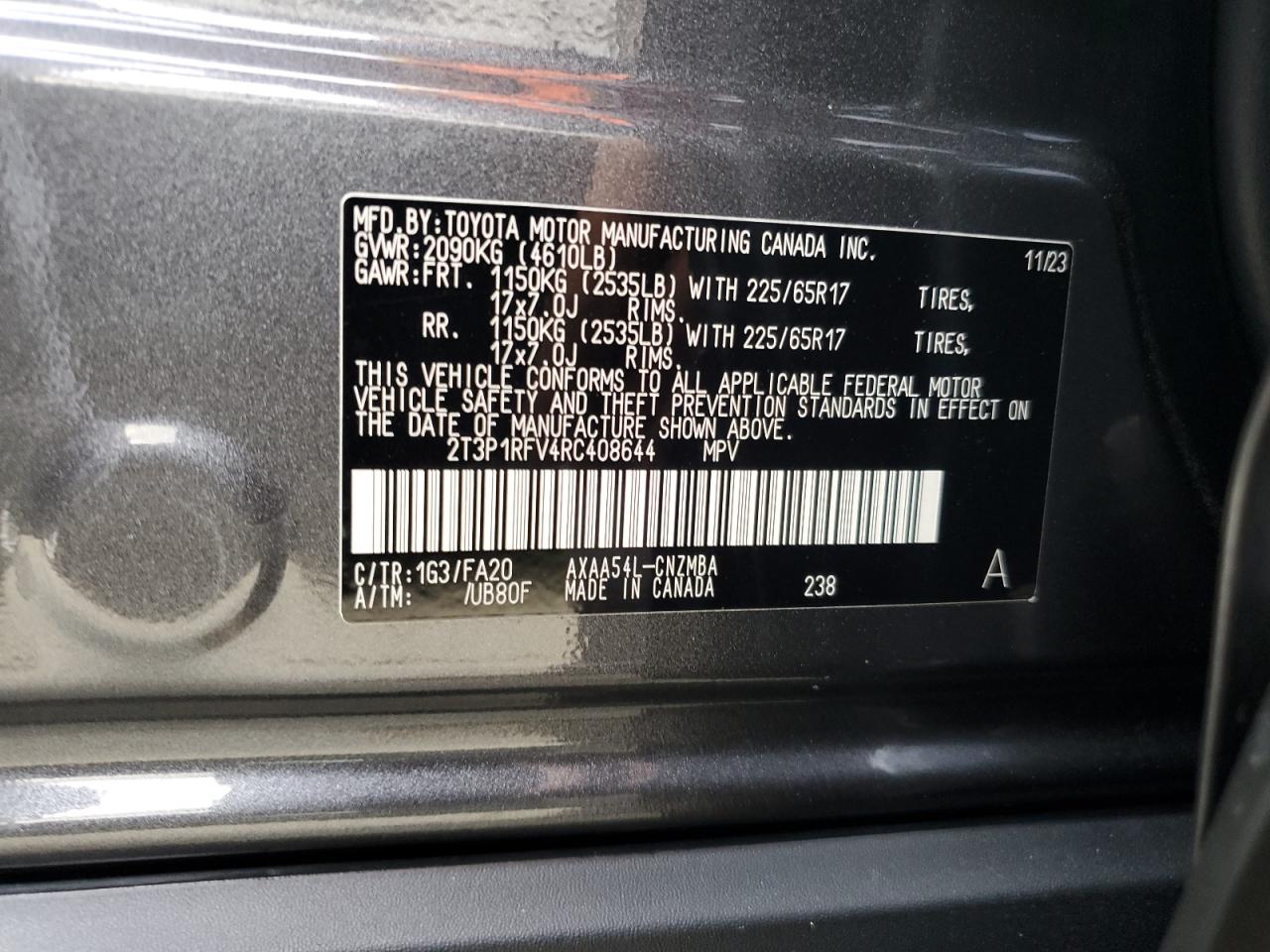 2024 TOYOTA RAV4 XLE VIN:2T3P1RFV4RC408644