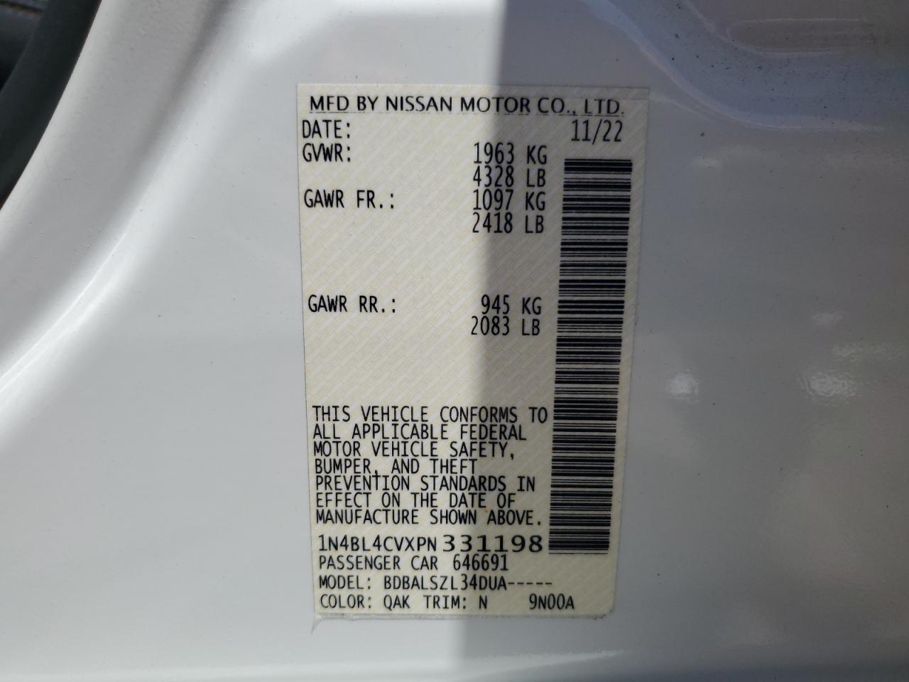 2023 NISSAN ALTIMA SR VIN:1N4BL4CVXPN331198