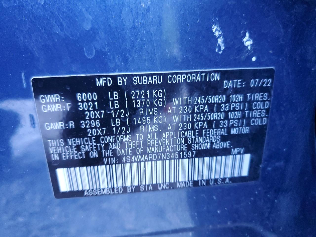 2022 SUBARU ASCENT TOURING VIN:4S4WMARD7N3451597