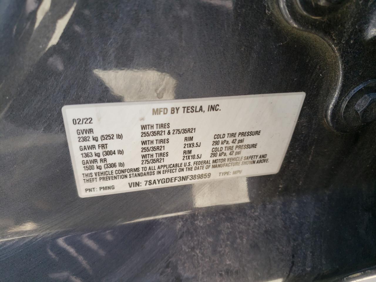 2022 TESLA MODEL Y VIN:7SAYGDEF3NF389859