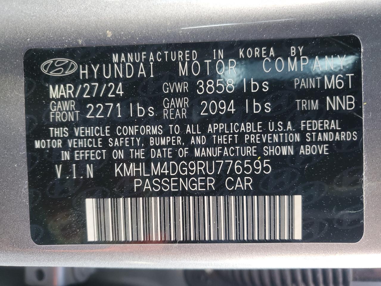 2024 HYUNDAI ELANTRA SEL VIN:KMHLM4DG9RU776595
