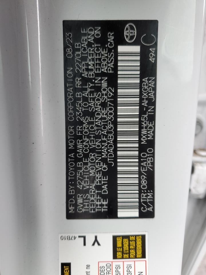 2023 TOYOTA PRIUS LE VIN:JTDADABU3P3007192