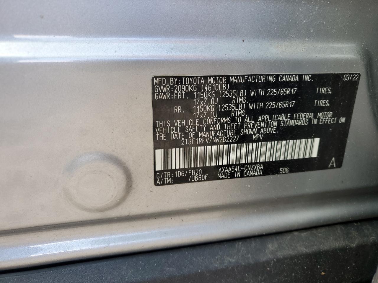 2022 TOYOTA RAV4 LE VIN:2T3F1RFV7NW262227