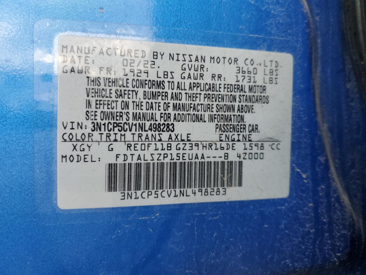 2022 NISSAN KICKS SV VIN:3N1CP5CV1NL498283