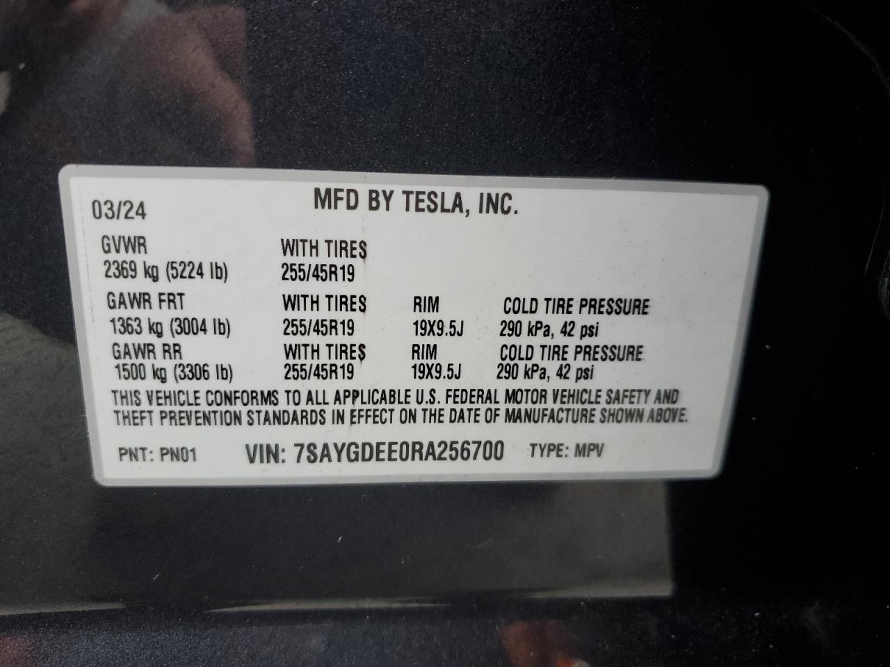 2024 TESLA MODEL Y VIN:7SAYGDEE0RA256700