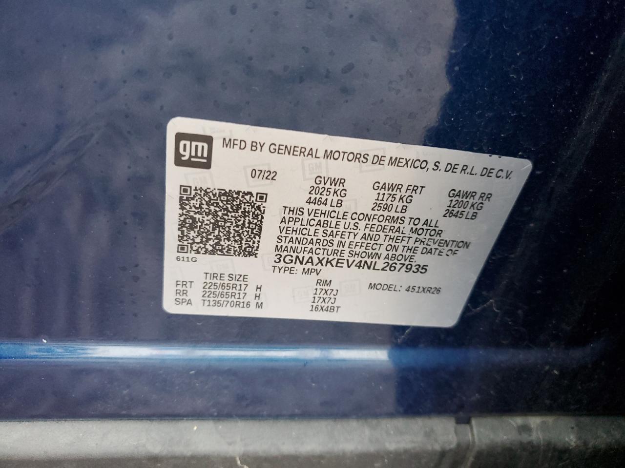 2022 CHEVROLET EQUINOX LT VIN:3GNAXKEV4NL267935