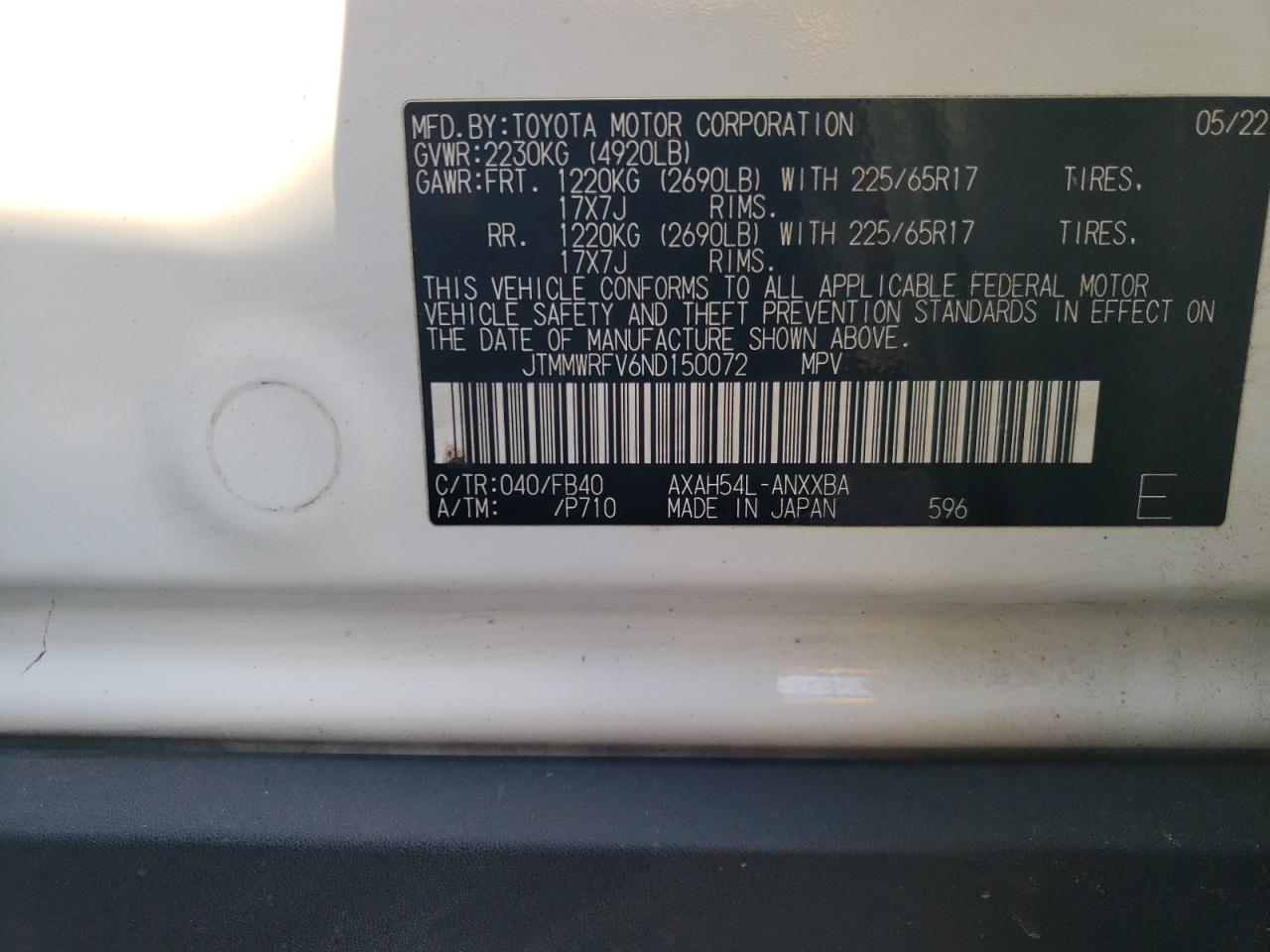 2022 TOYOTA RAV4 LE VIN:JTMMWRFV6ND150072