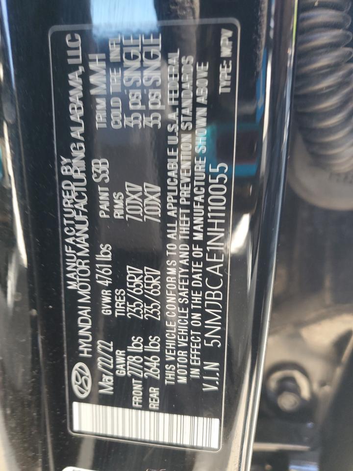 2022 HYUNDAI TUCSON SEL VIN:5NMJBCAE1NH110055