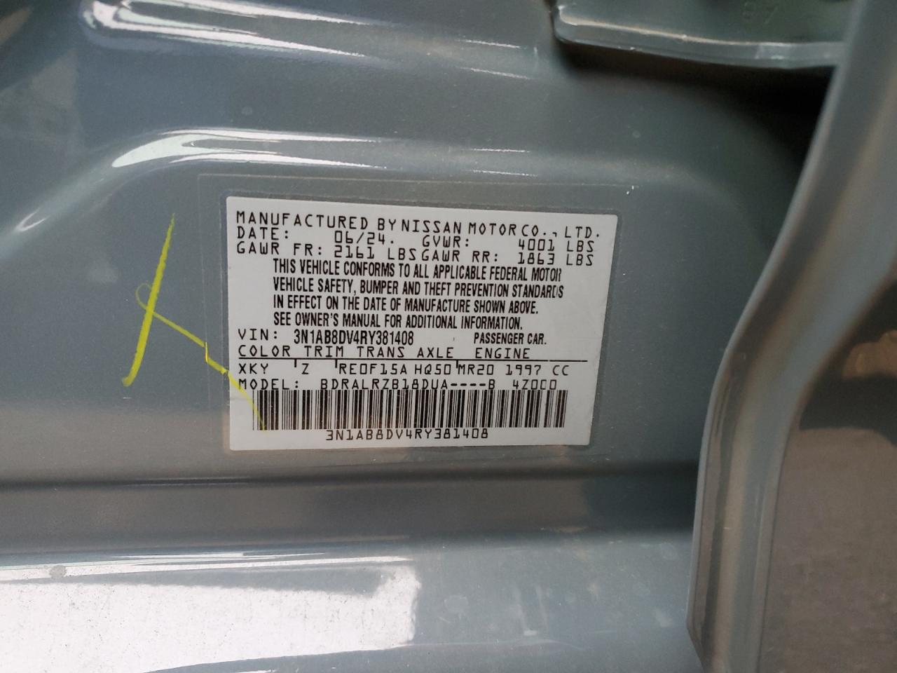 2024 NISSAN SENTRA SR VIN:3N1AB8DV4RY381408