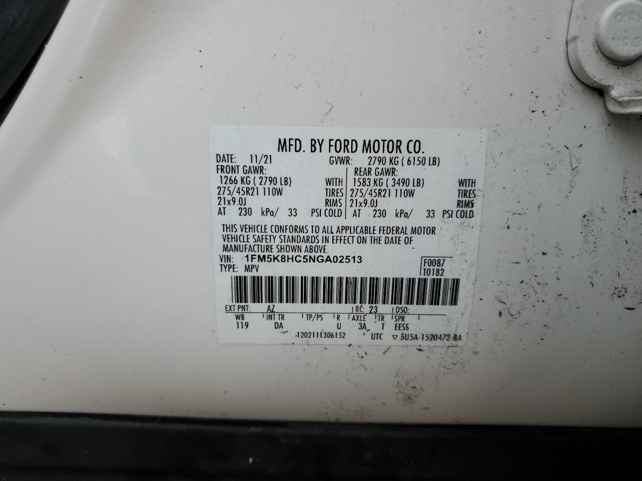 2022 FORD EXPLORER PLATINUM VIN:1FM5K8HC5NGA02513
