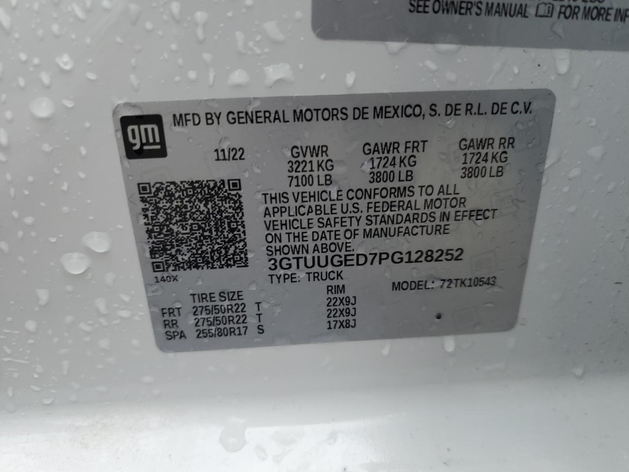 2023 GMC SIERRA K1500 DENALI VIN:3GTUUGED7PG128252