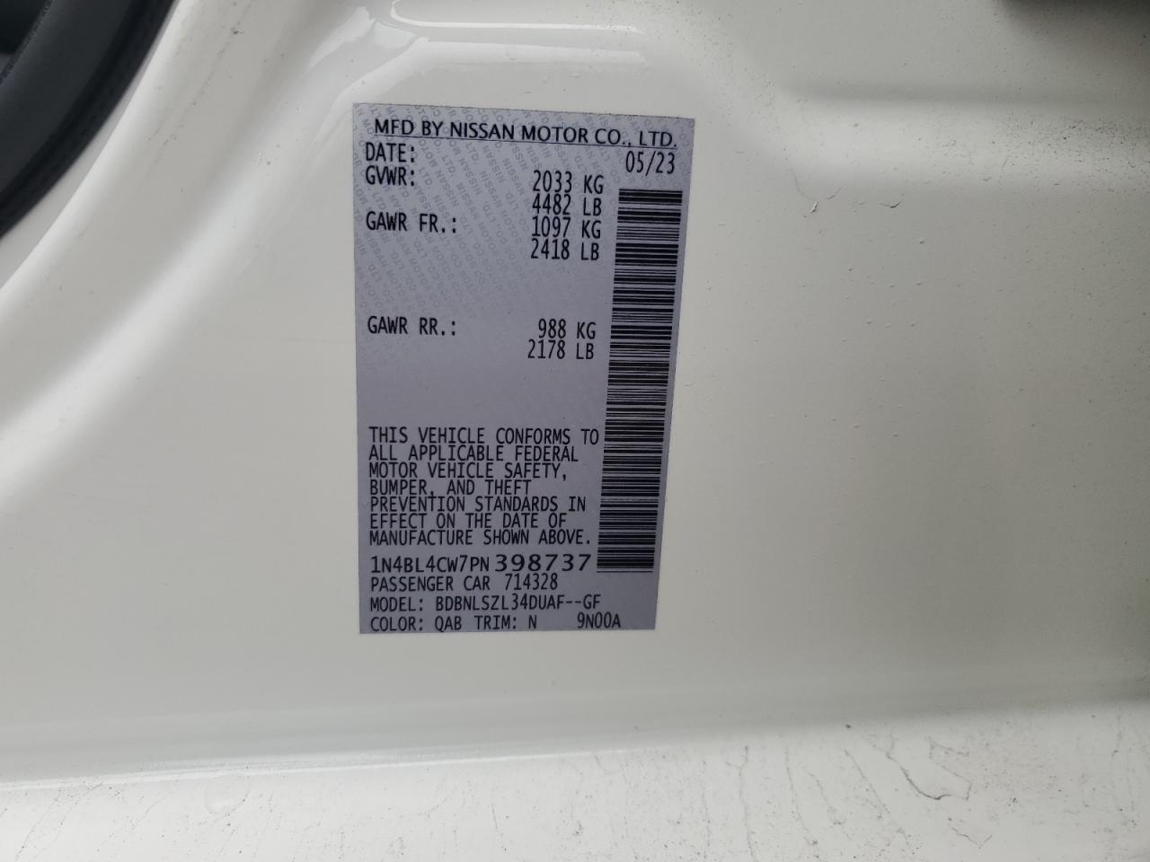 2023 NISSAN ALTIMA SR VIN:1N4BL4CW7PN398737