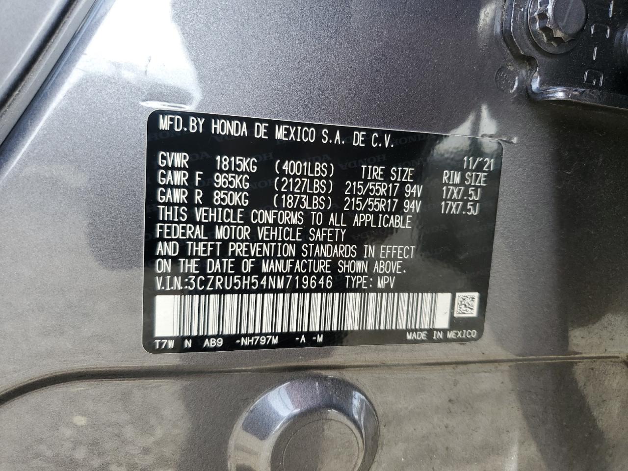 2022 HONDA HR-V EX VIN:3CZRU5H54NM719646