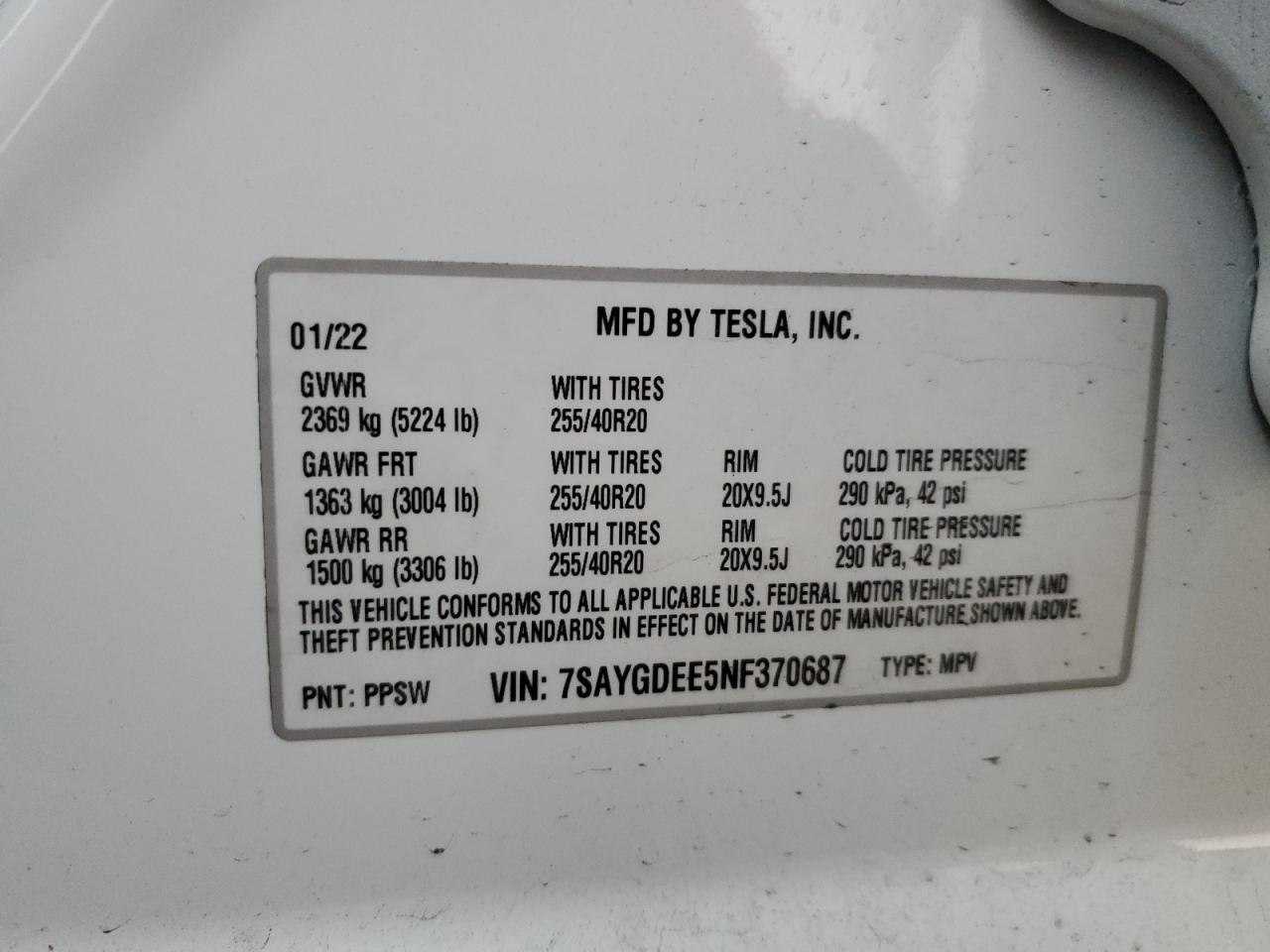 2022 TESLA MODEL Y VIN:7SAYGDEE5NF370687