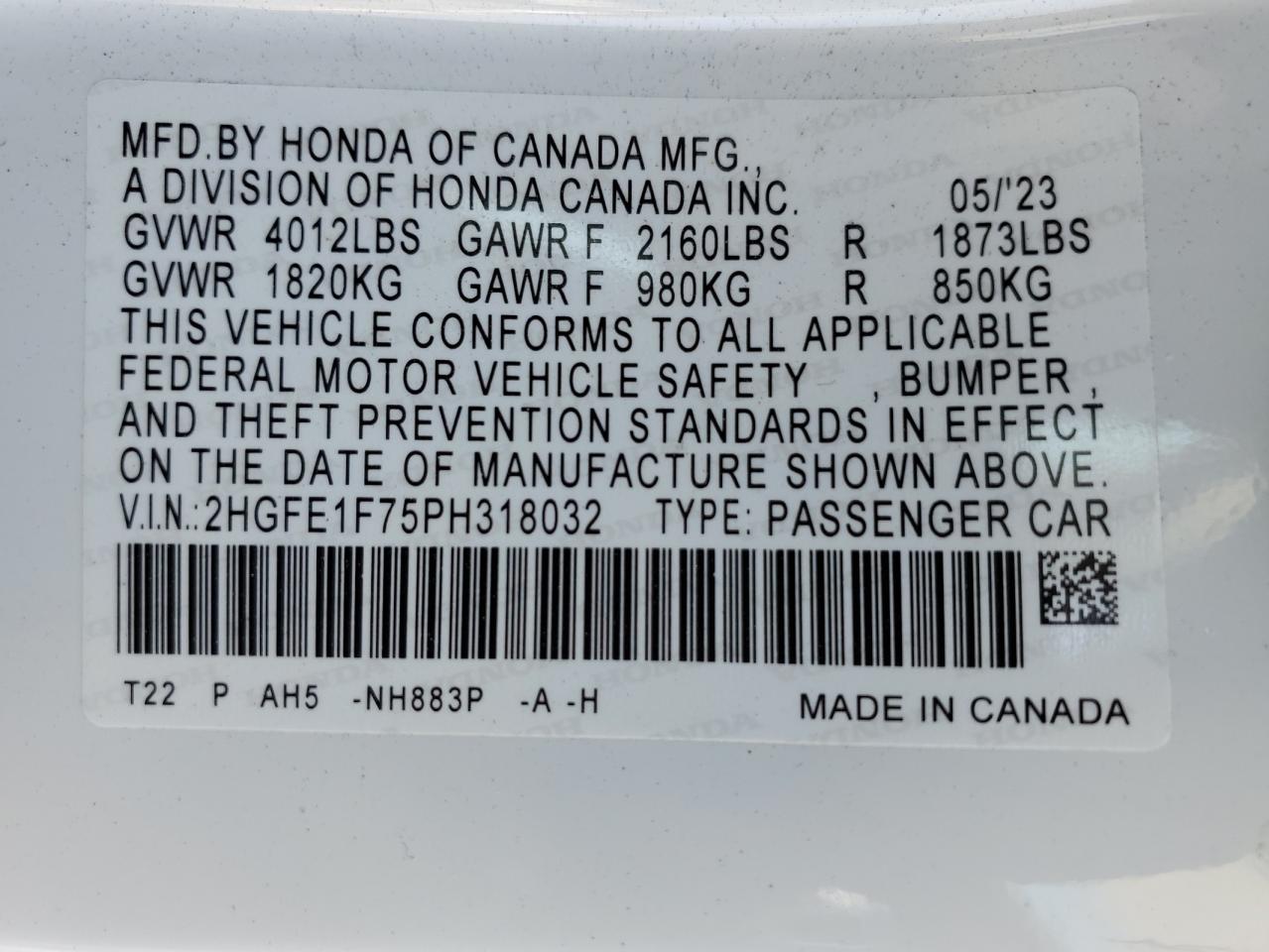 2023 HONDA CIVIC EX VIN:2HGFE1F75PH318032