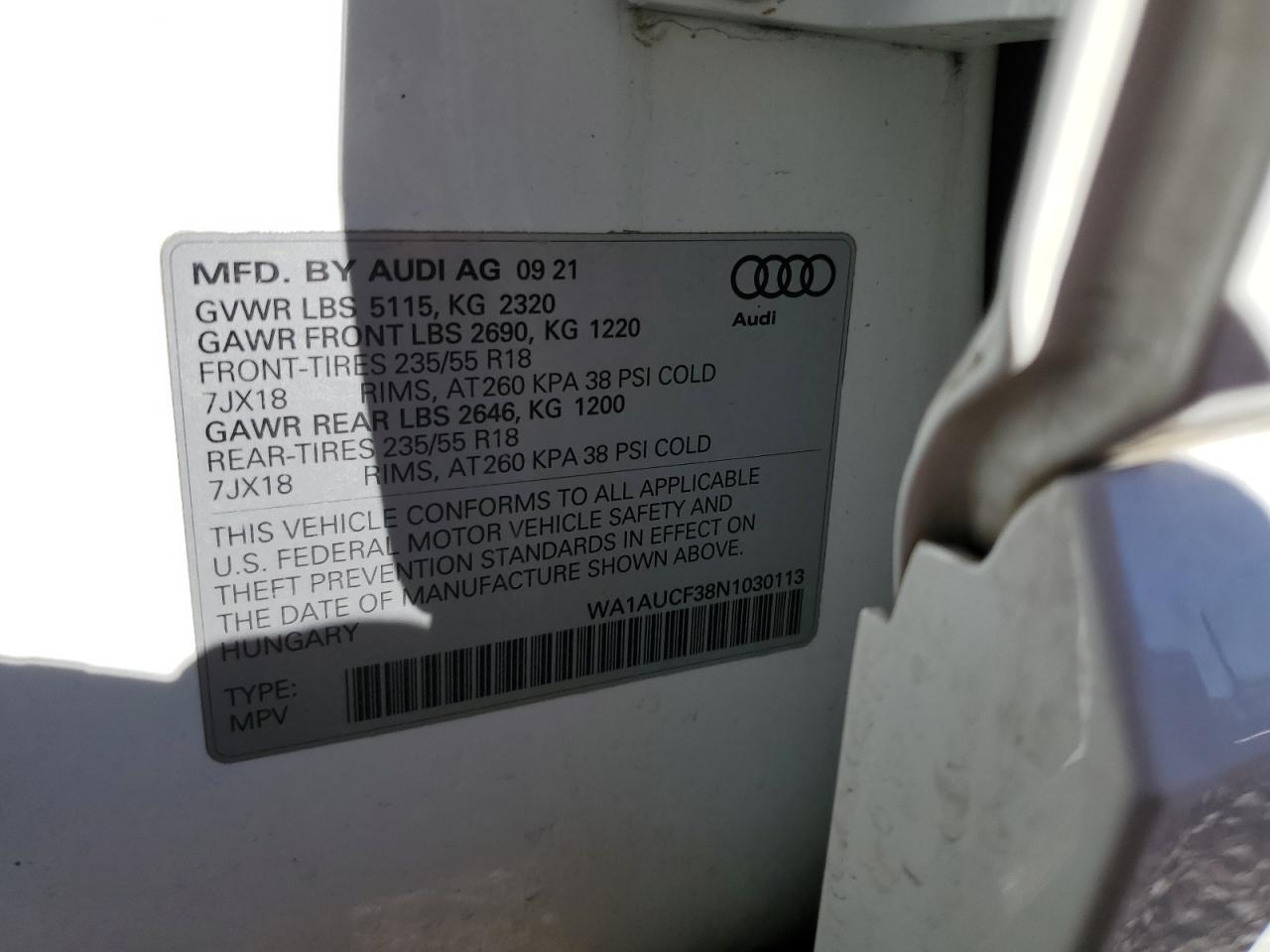2022 AUDI Q3 PREMIUM 40 VIN:WA1AUCF38N1030113
