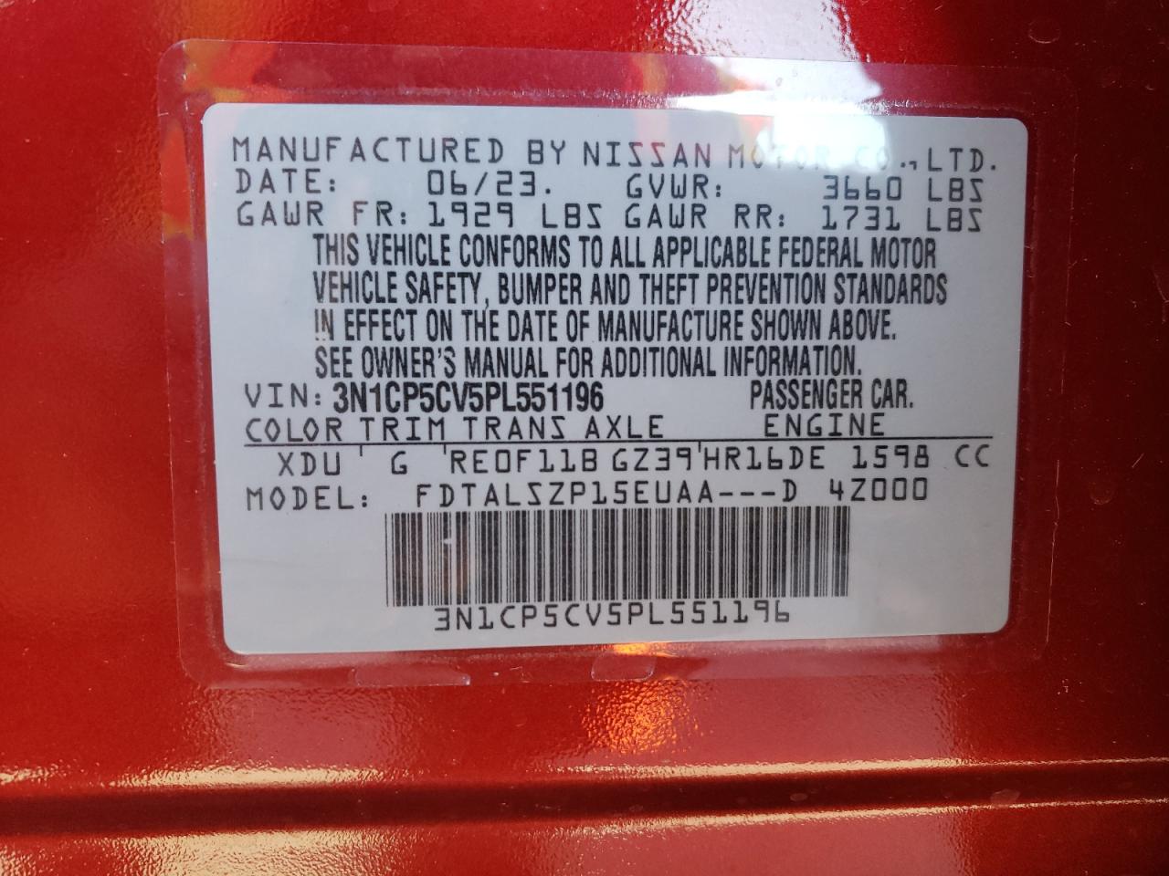 2023 NISSAN KICKS SV VIN:3N1CP5CV5PL551196