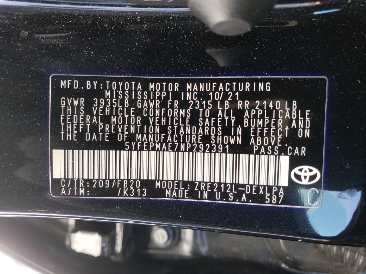 2022 TOYOTA COROLLA LE VIN:JTHBB1BA3A2005521