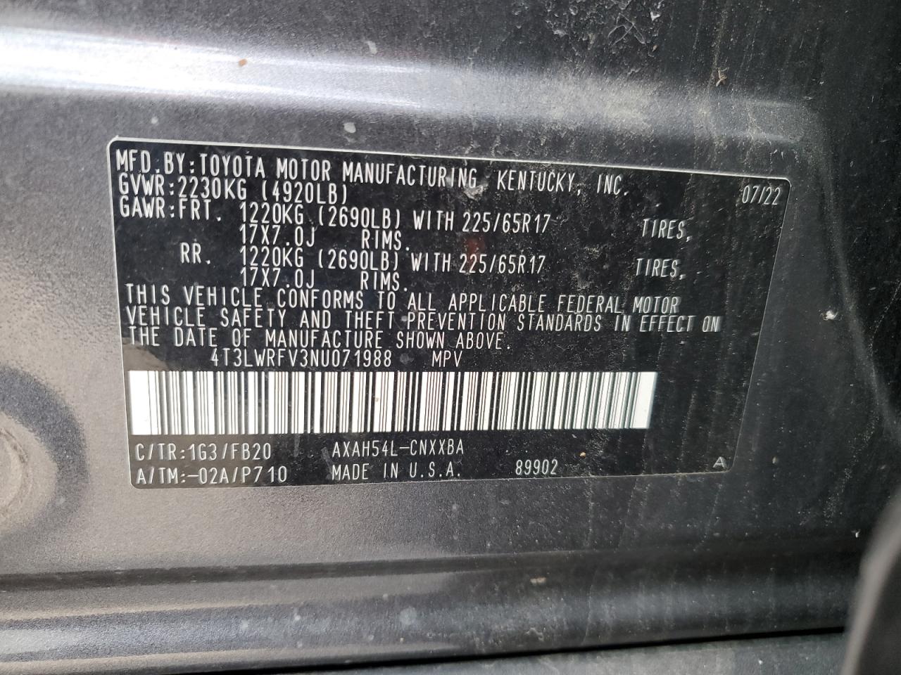 2022 TOYOTA RAV4 LE VIN:4T3LWRFV3NU071988