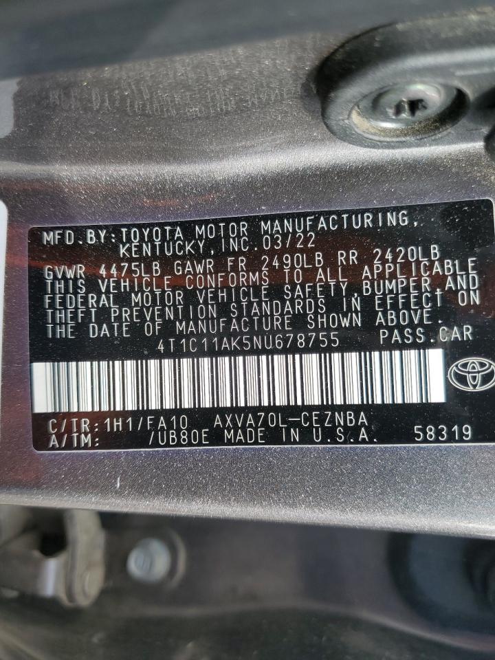 2022 TOYOTA CAMRY LE VIN:4T1C11AK5NU678755