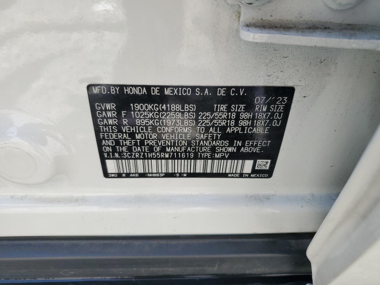 2024 HONDA HR-V SPORT VIN:3CZRZ1H55RM711619