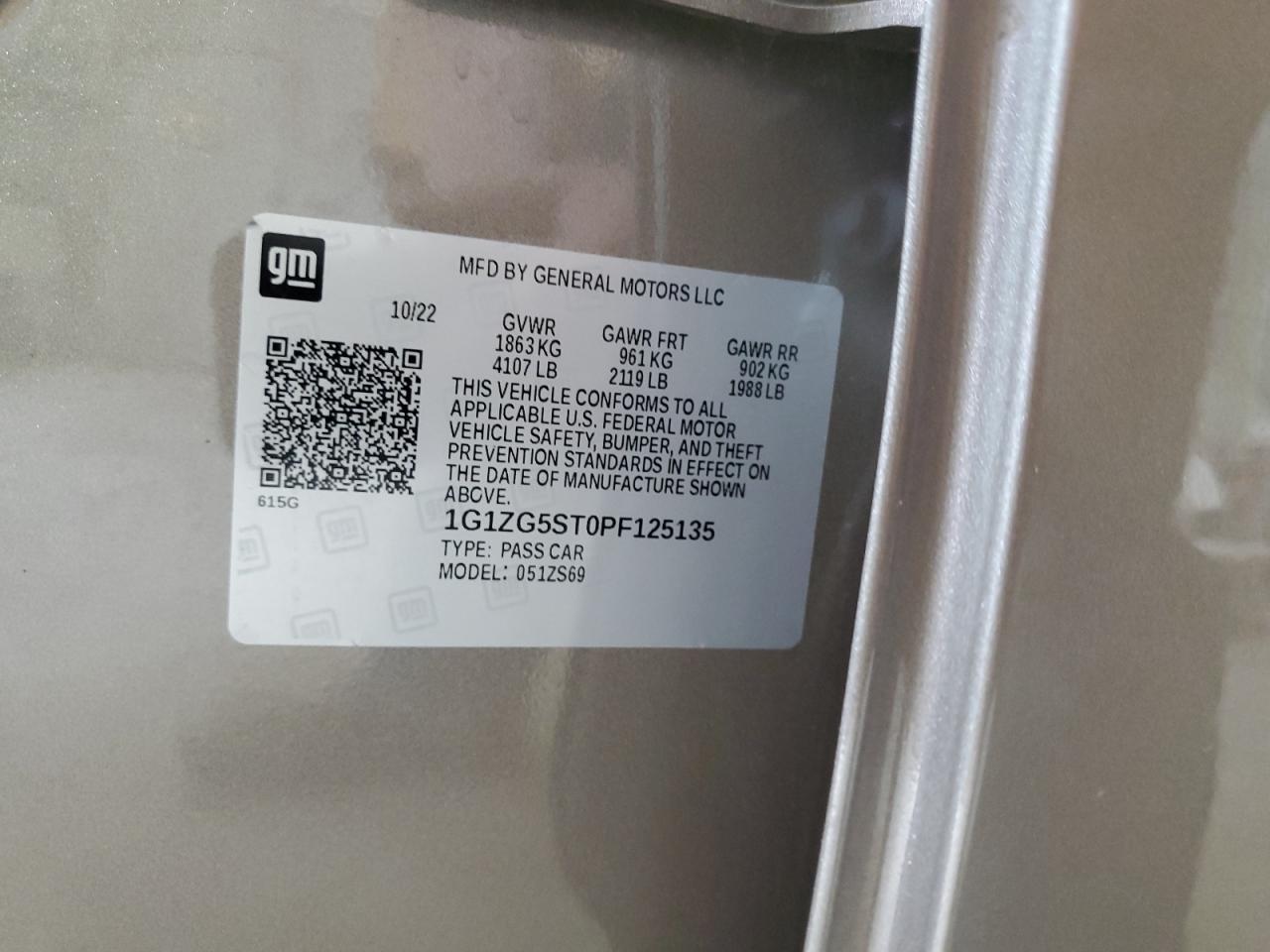 2023 CHEVROLET MALIBU RS VIN:1G1ZG5ST0PF125135