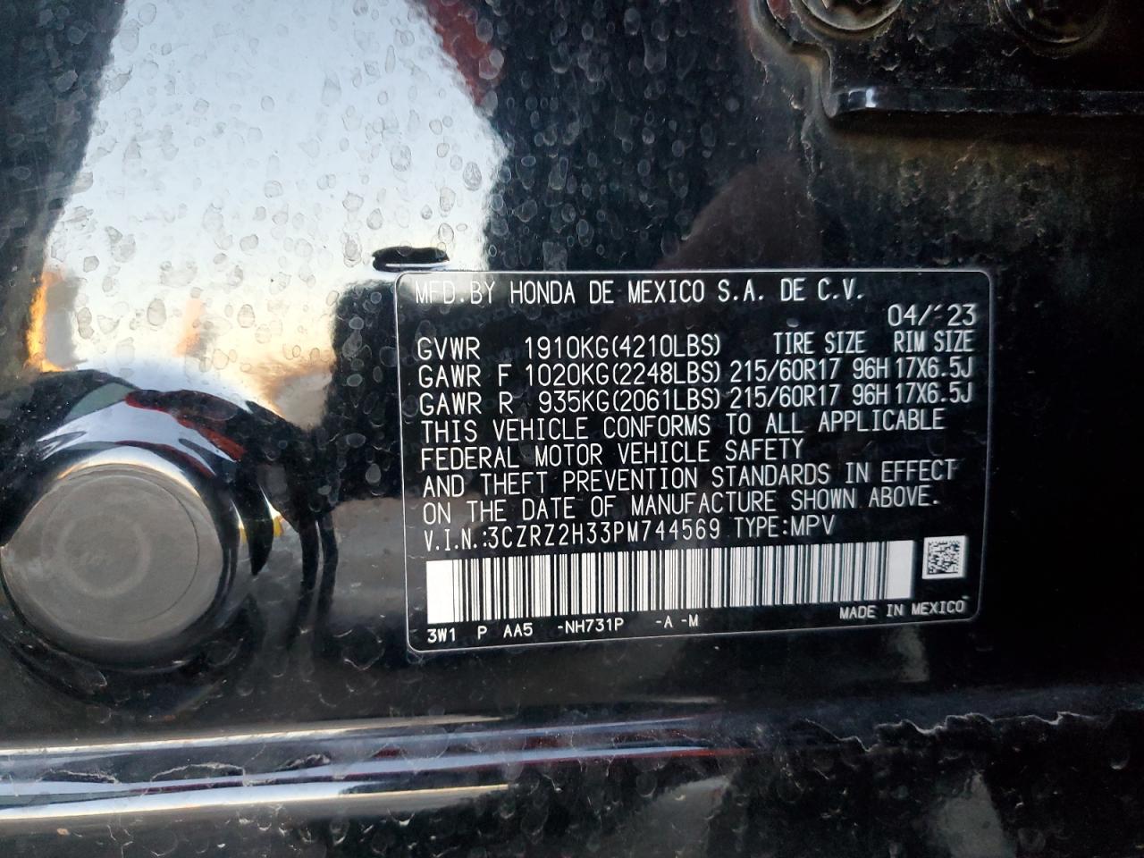 2023 HONDA HR-V LX VIN:3CZRZ2H33PM744569