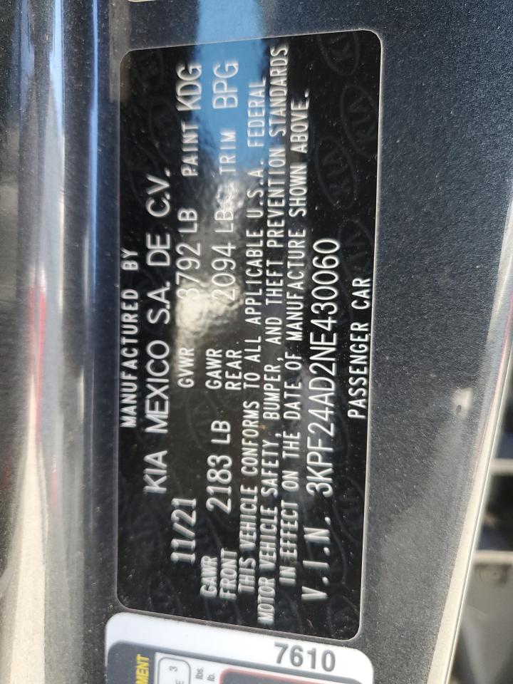 2022 KIA FORTE FE VIN:3KPF24AD2NE430060