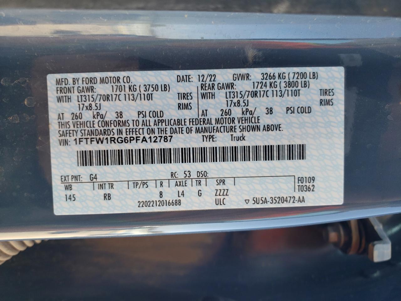 2023 FORD F150 RAPTOR VIN:1FTFW1RG6PFA12787