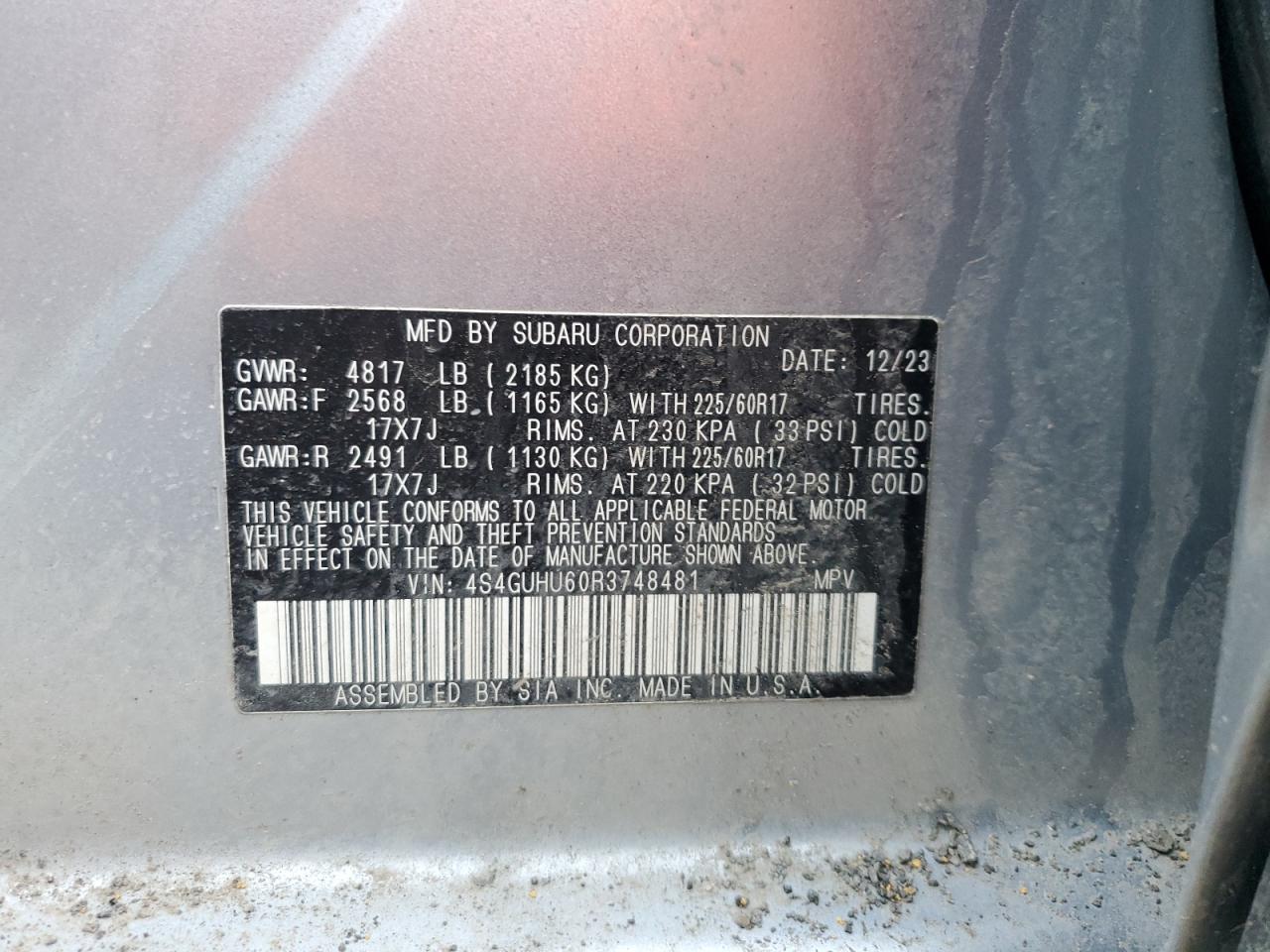 2024 SUBARU CROSSTREK WILDERNESS VIN:4S4GUHU60R3748481