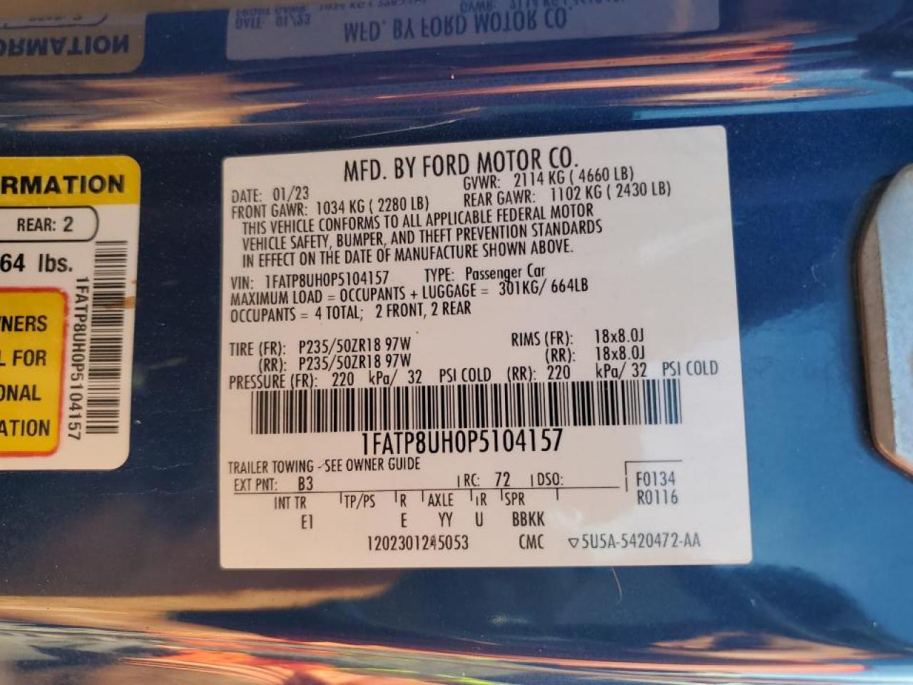 2023 FORD MUSTANG VIN:1FATP8UH0P5104157