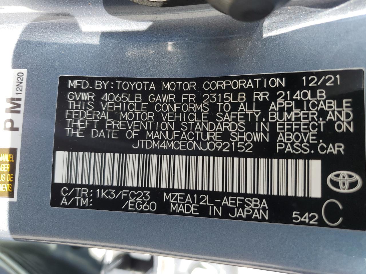 2022 TOYOTA COROLLA SE VIN:JTDM4MCE0NJ092152
