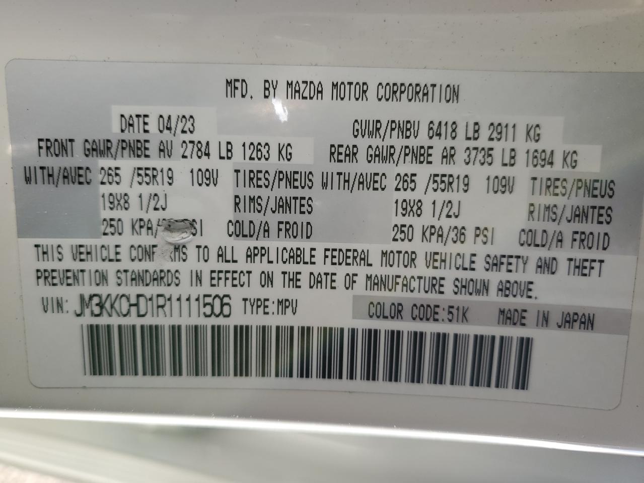 2024 MAZDA CX-90 PREFERRED PLUS VIN:JM3KKCHD1R1111506