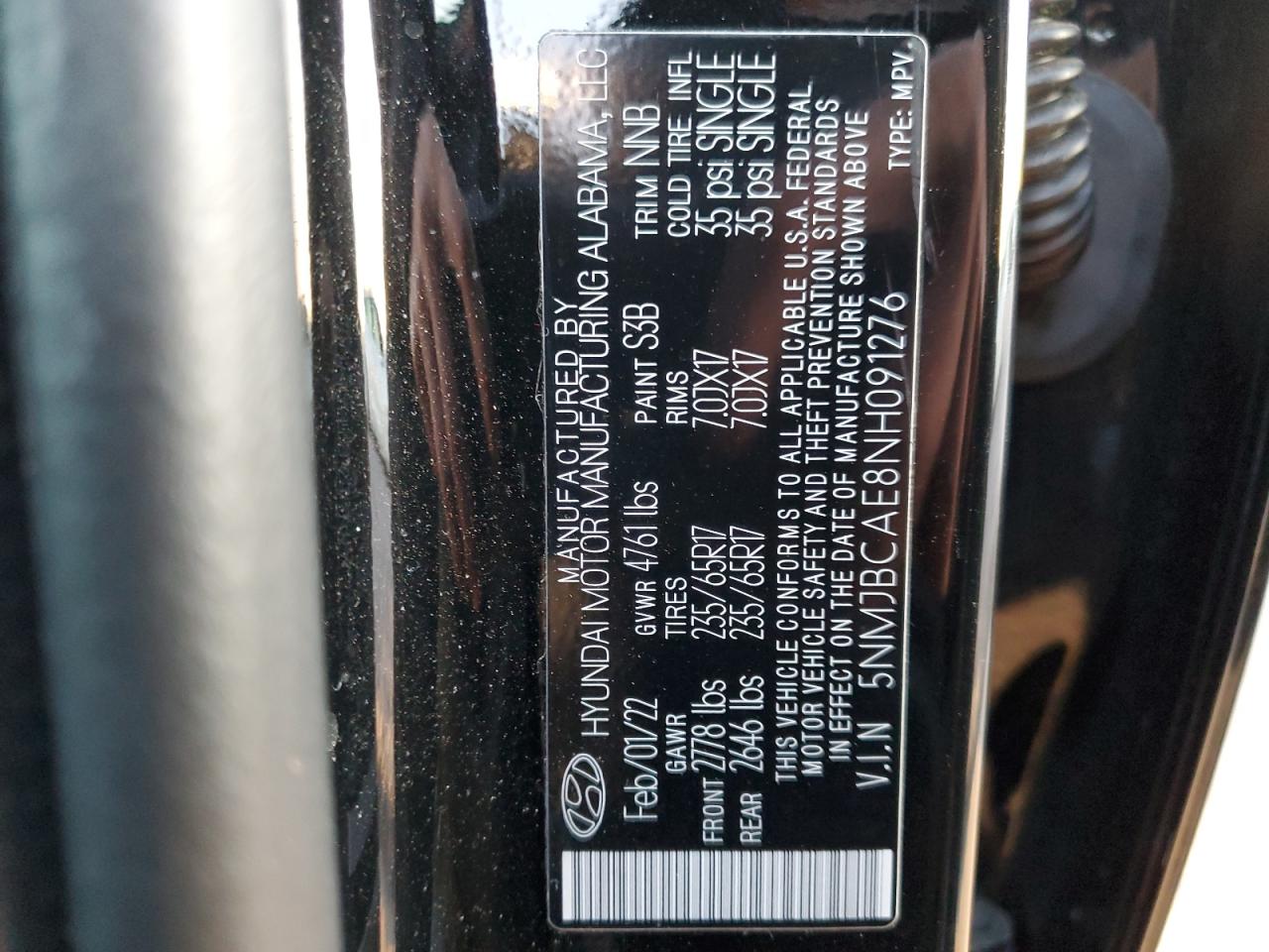 2022 HYUNDAI TUCSON SEL VIN:5NMJBCAE8NH091276